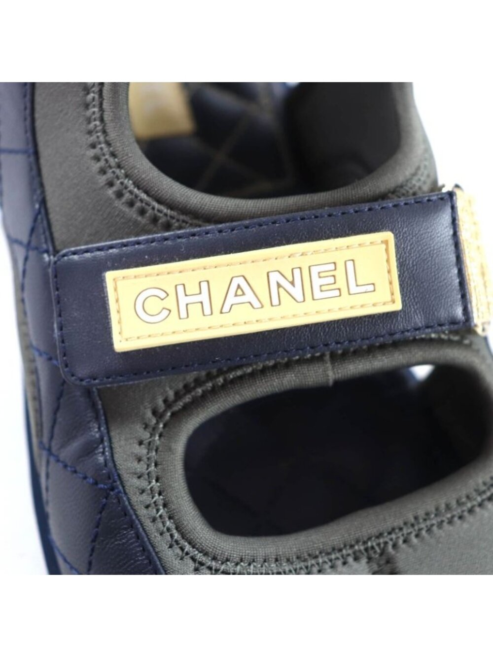 Chanel CC Logo Quilted Velcro Fabric Leather Sandals Khaki Navy 39 - Picture 9 of 16